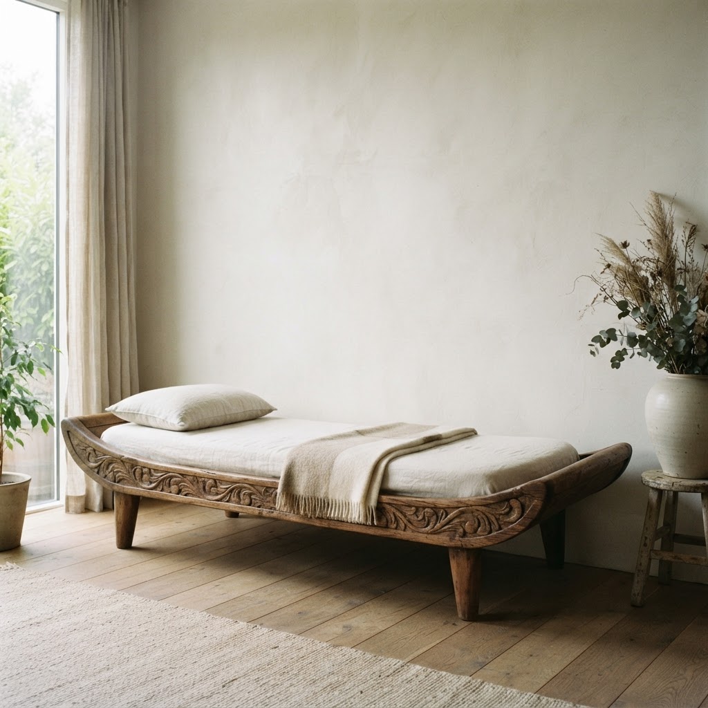Long low carved hardwood daybed with a linen cushion in a calm neutral room
