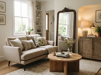 Small, bright living room with a compact linen sofa on legs, a round oak coffee table on a large textured rug, a tall antique floor mirror, alcove shelves and warm table lamps