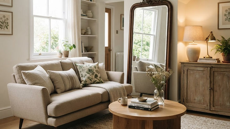 Small, bright living room with a compact linen sofa on legs, a round oak coffee table on a large textured rug, a tall antique floor mirror, alcove shelves and warm table lamps