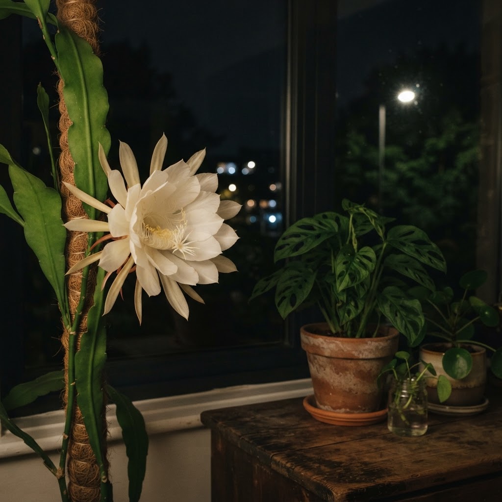 Huge white queen of the night cactus flower open at night beside a houseplant