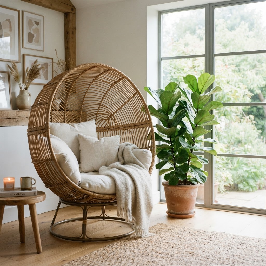 Curved woven rattan cocoon chair with linen cushions beside a large leafy plant