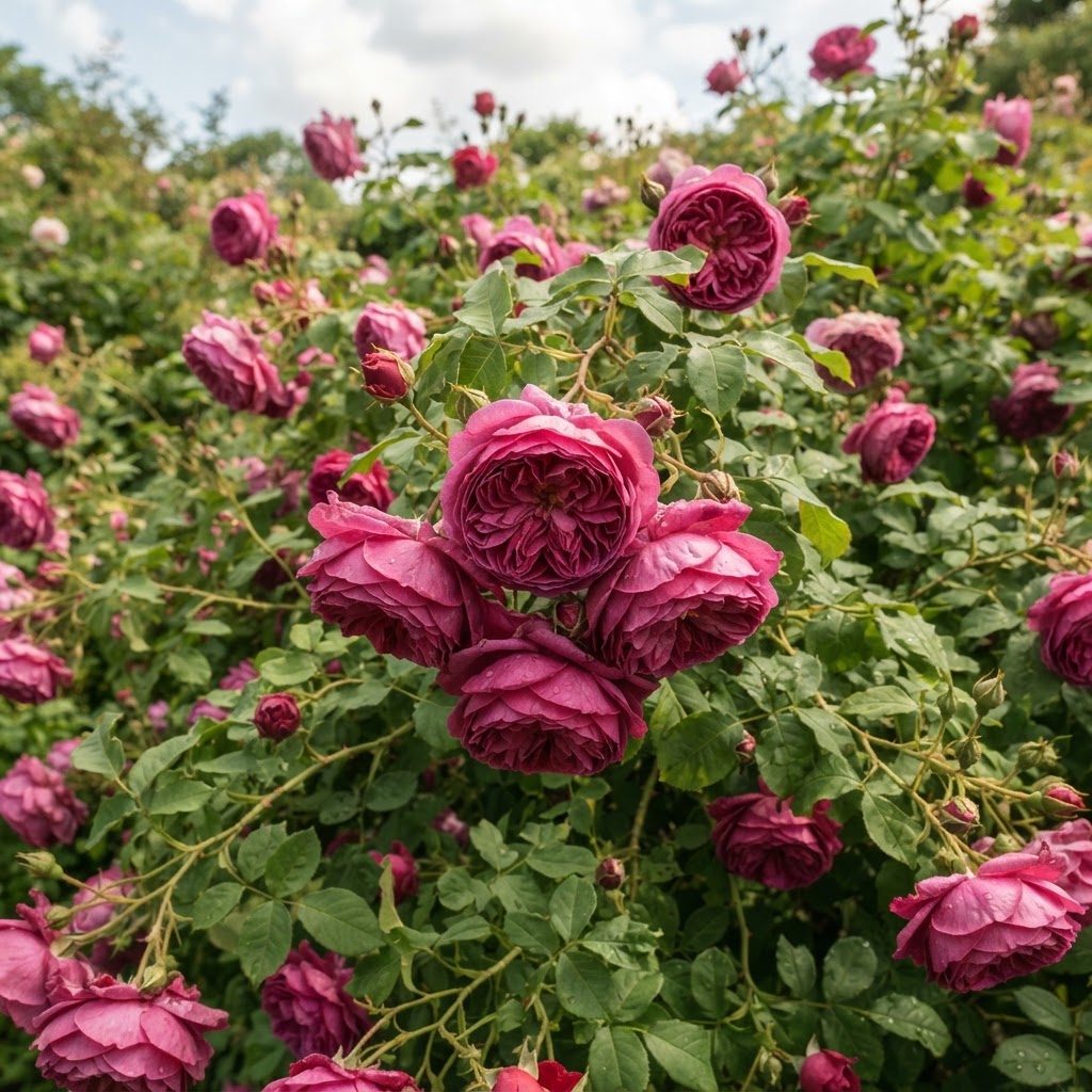 Large deep pink quartered Madame Isaac Pereire roses with many petals