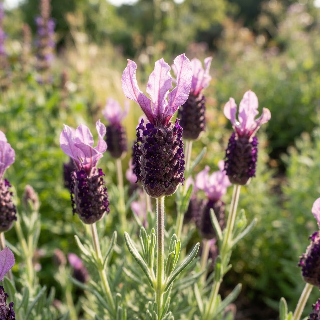 Spanish lavender with plump dark purple flower heads topped with rabbit ear bracts