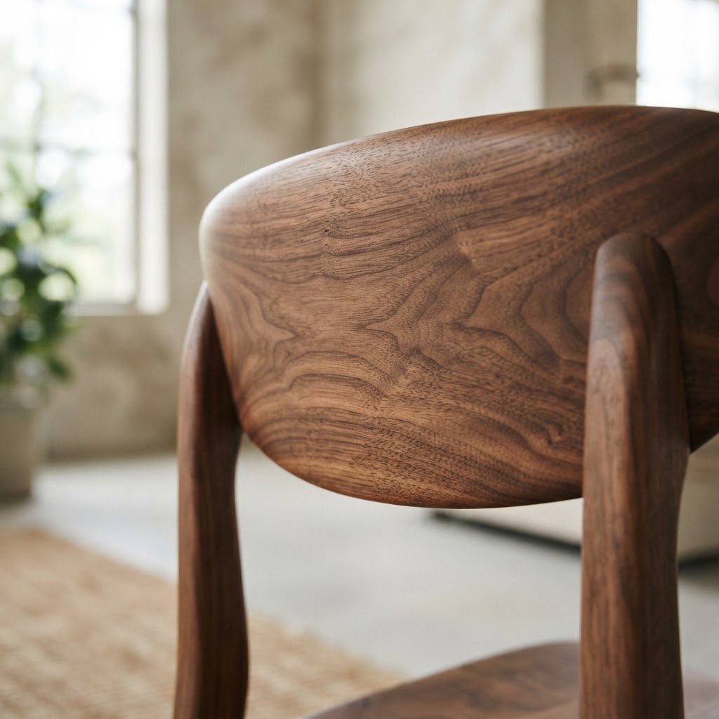 Close-up of the curved back and smooth grain of a sculptural walnut chair