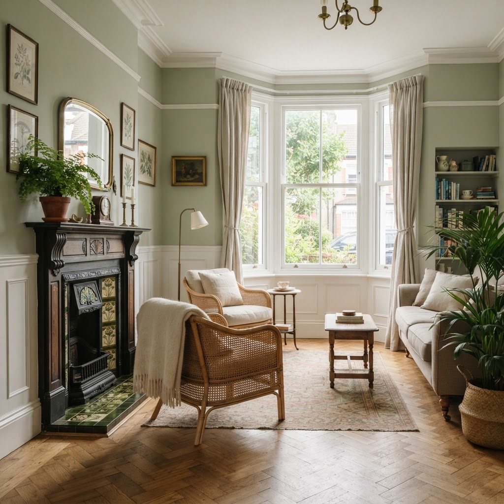 Edwardian living room in a terraced house with sage green walls, a white picture rail and dado panelling, a bay window with linen curtains, a cast iron fireplace with Art Nouveau tiles, an oak floor, a rattan chair and potted ferns