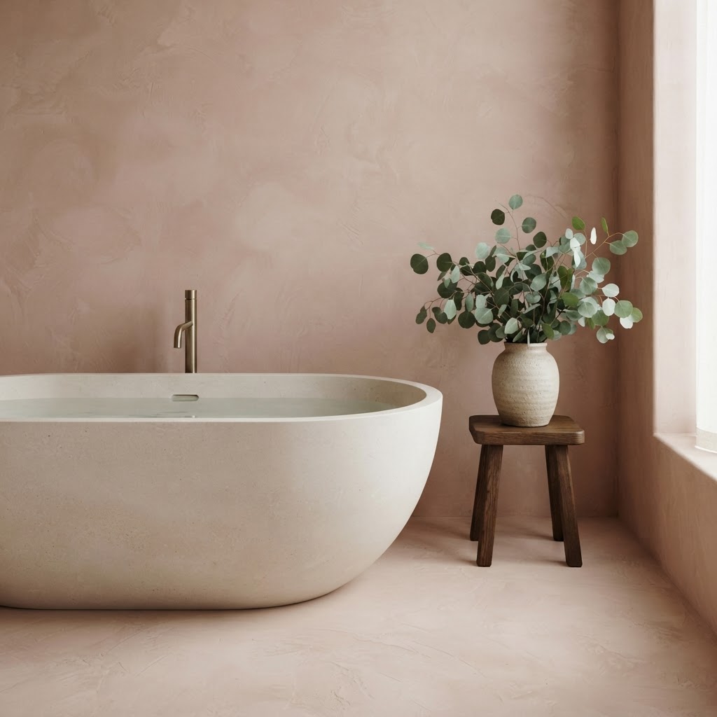 Seamless clay pink microcement bathroom wall and floor with a freestanding stone bath, a wooden stool and a vase of eucalyptus, showing a subtle trowelled texture