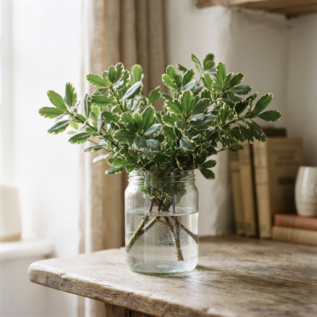 Pittosporum stems with small rounded green leaves in a glass jar on a wooden table