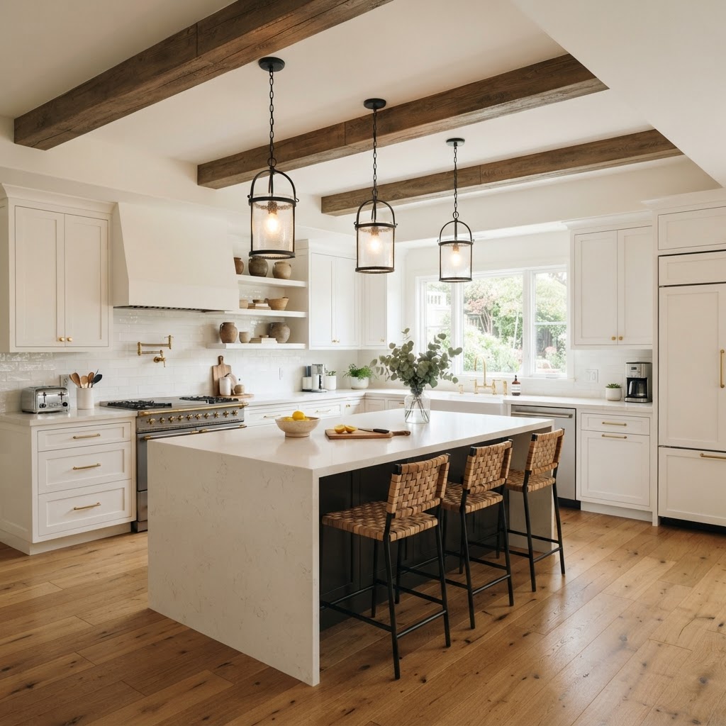 White kitchen with chunky faux timber beams across a flat ceiling, pendant lights hanging from them, a large island with woven stools and an oak floor