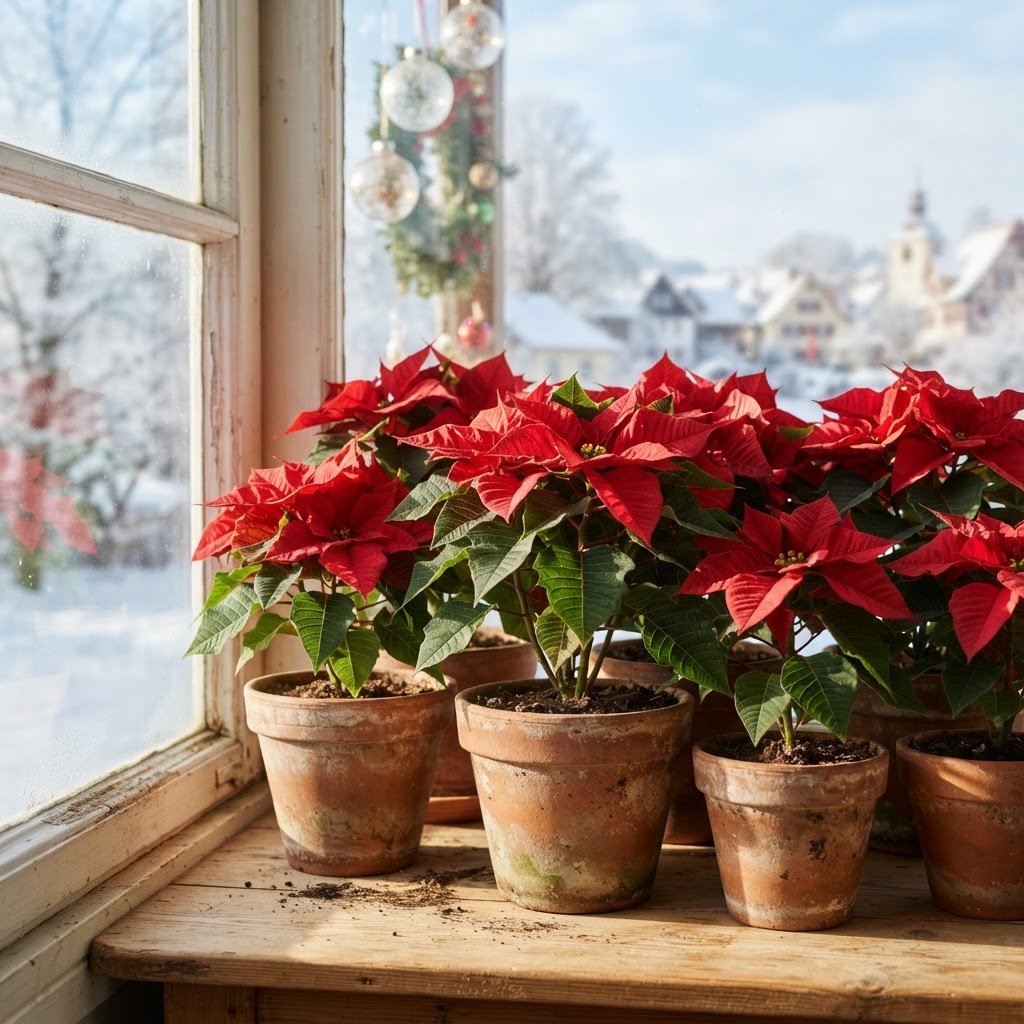 Red poinsettias in terracotta pots grouped on a windowsill at Christmas