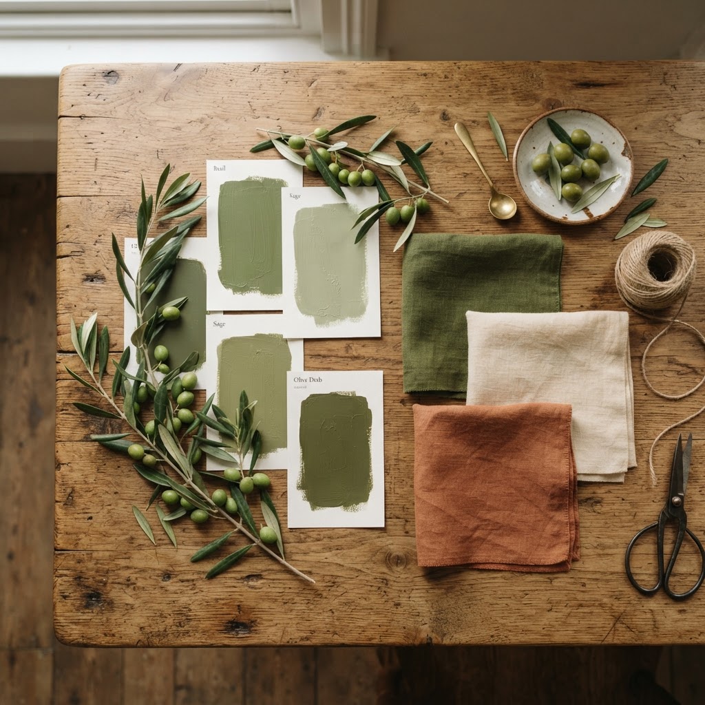 Flat lay of olive green paint swatches, olive branches with green olives and linen fabric samples in olive, cream and terracotta on a wooden table