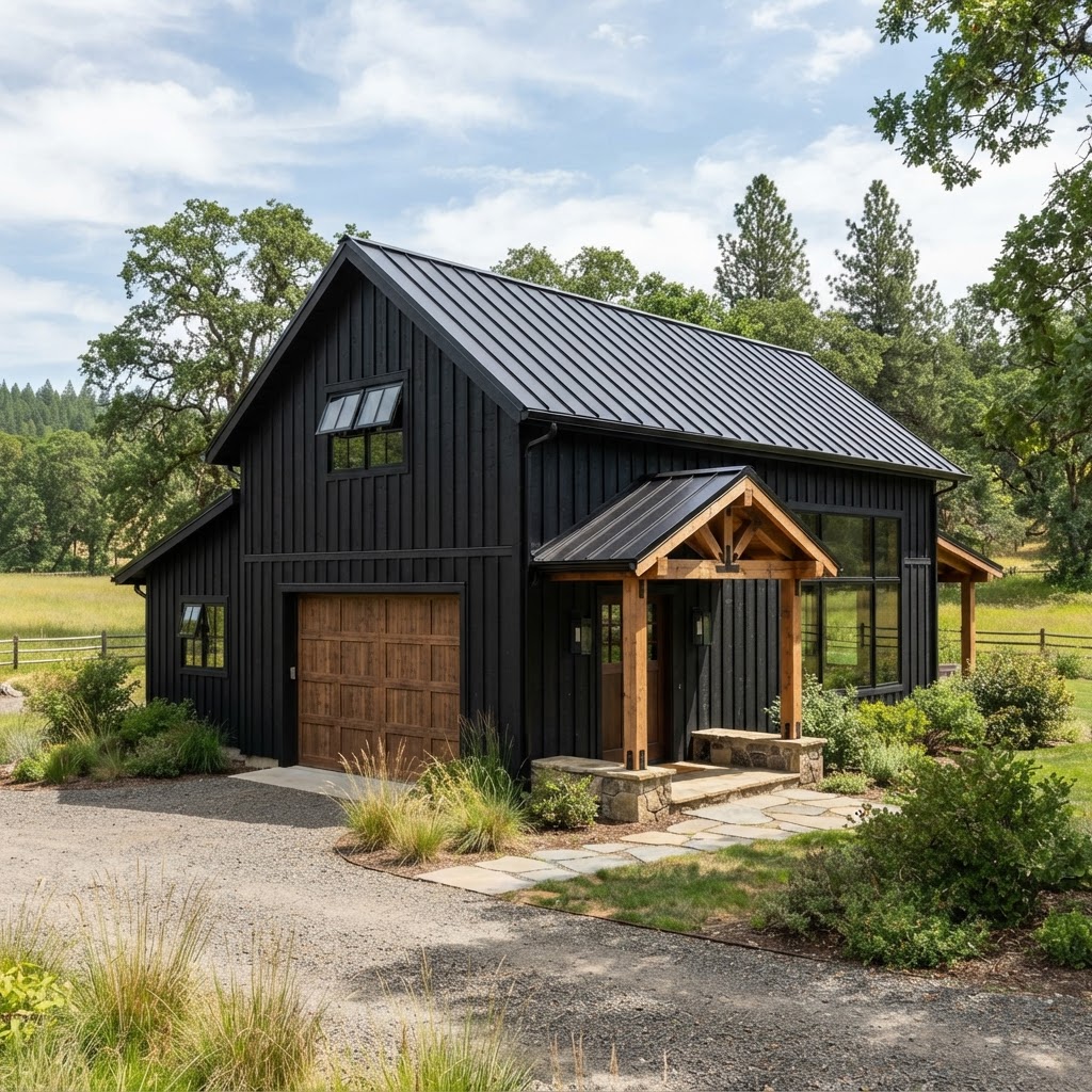 Black barn-style house with a black metal roof, a large cedar wood garage door and a timber-framed entrance canopy, with a gravel drive and meadow planting