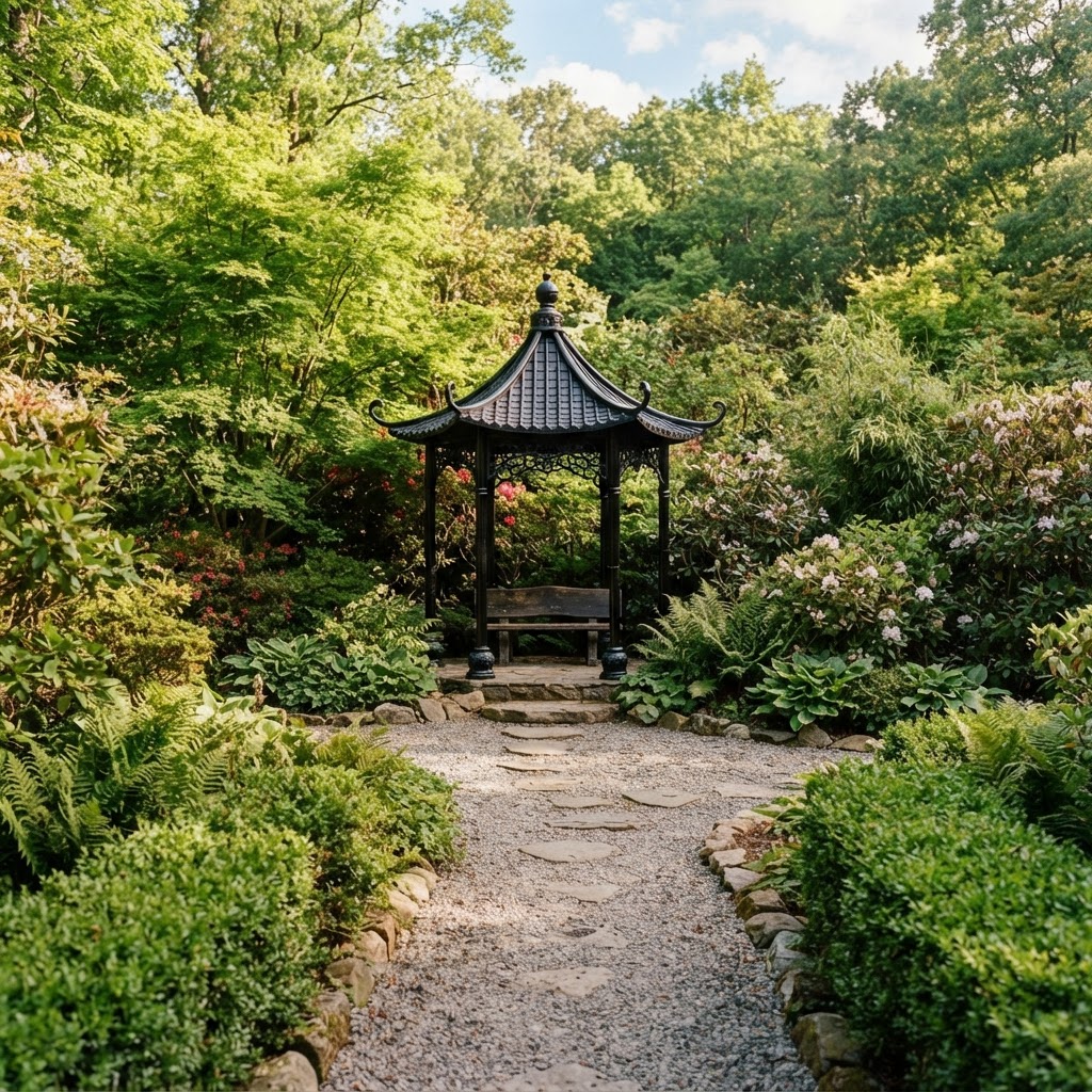 Small black pagoda with a bench at the end of a curving garden path