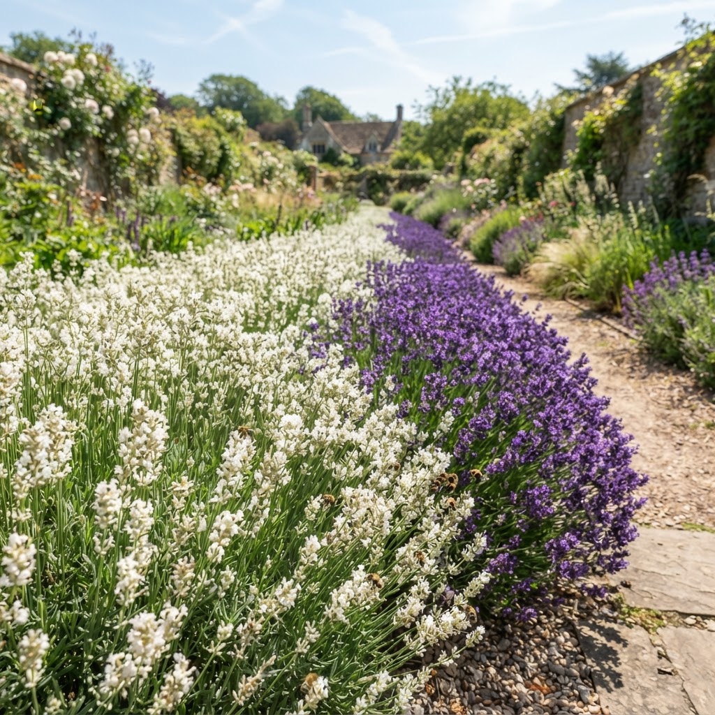 White English lavender flowering in a sunny border beside purple lavender
