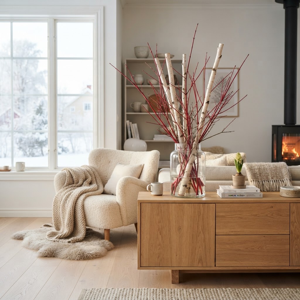 Red stemmed dogwood and white birch branches in a tall glass vase in a bright Scandinavian living room in winter