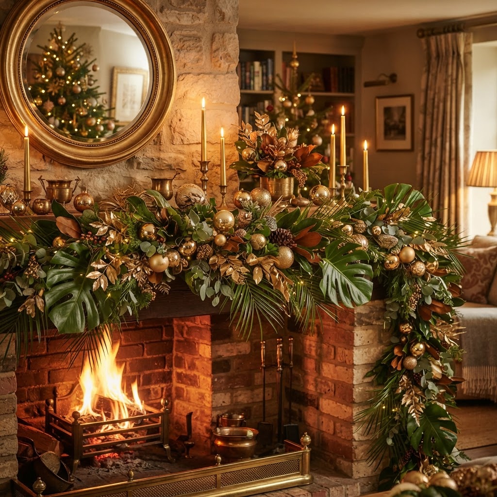 Mantelpiece garland of monstera, palm and magnolia leaves with gold candles and baubles