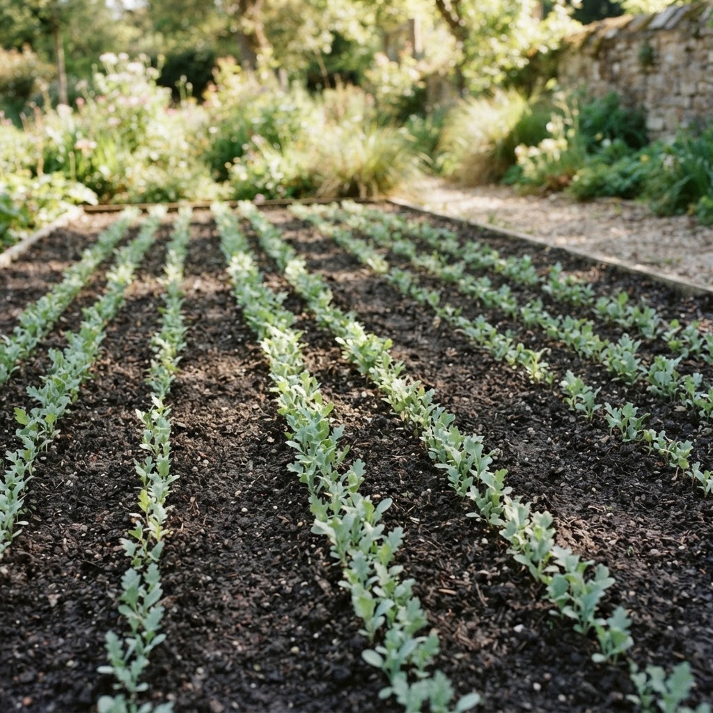 Rows of young poppy seedlings with grey green leaves growing in fine garden soil in spring