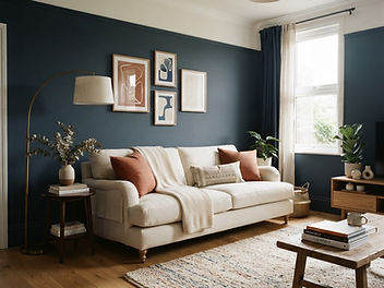 Living room painted in a deep muted navy with a warm white ceiling, cream sofa, terracotta and rust cushions, a brass floor lamp and an oak floor