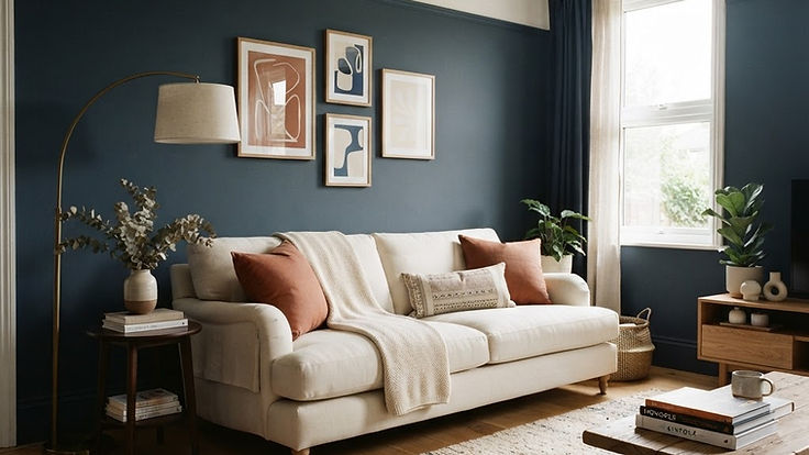 Living room painted in a deep muted navy with a warm white ceiling, cream sofa, terracotta and rust cushions, a brass floor lamp and an oak floor