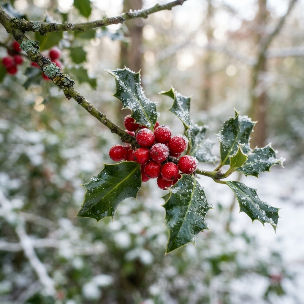 Close-up of a holly branch with glossy spiny leaves and bright red berries touched with frost