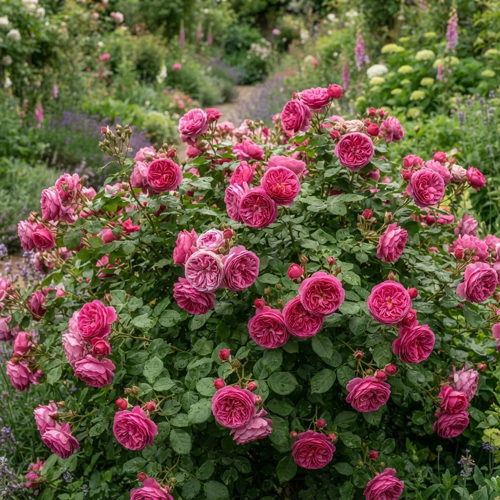 Rich pink rosette-shaped Gertrude Jekyll roses on a shrub in an English garden