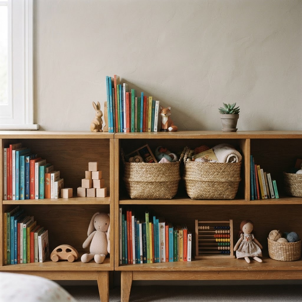 Low wooden shelving with books, toys and woven baskets