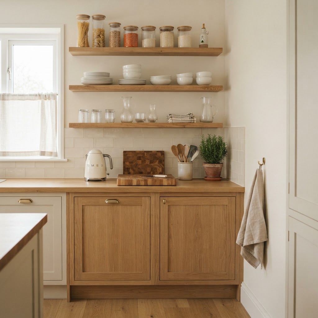 Organised new kitchen with open oak shelves of glass storage jars, white crockery and glassware, a cream kettle, a wooden chopping board, a utensil pot and a rosemary plant on the worktop