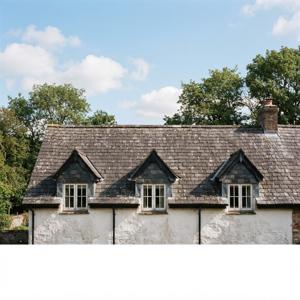 Farmhouse roof with three gabled dormer windows