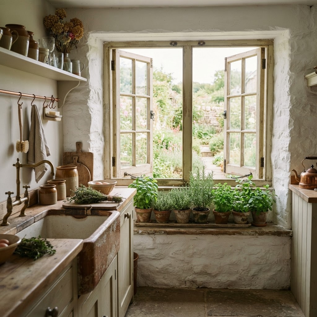 Wooden French casement windows opened above a farmhouse sink lined with herb pots