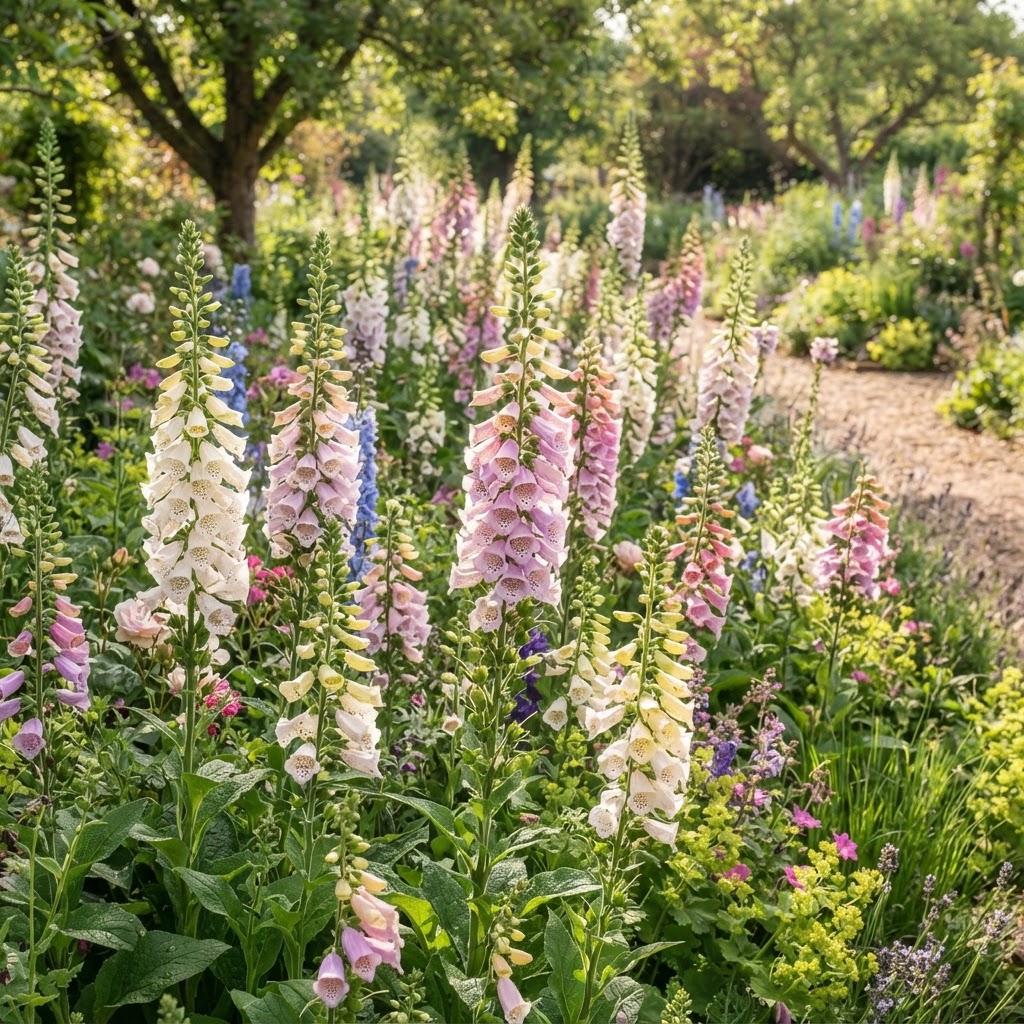 Excelsior hybrid foxgloves in mixed pastel colours with flowers all around the stems in a sunny border