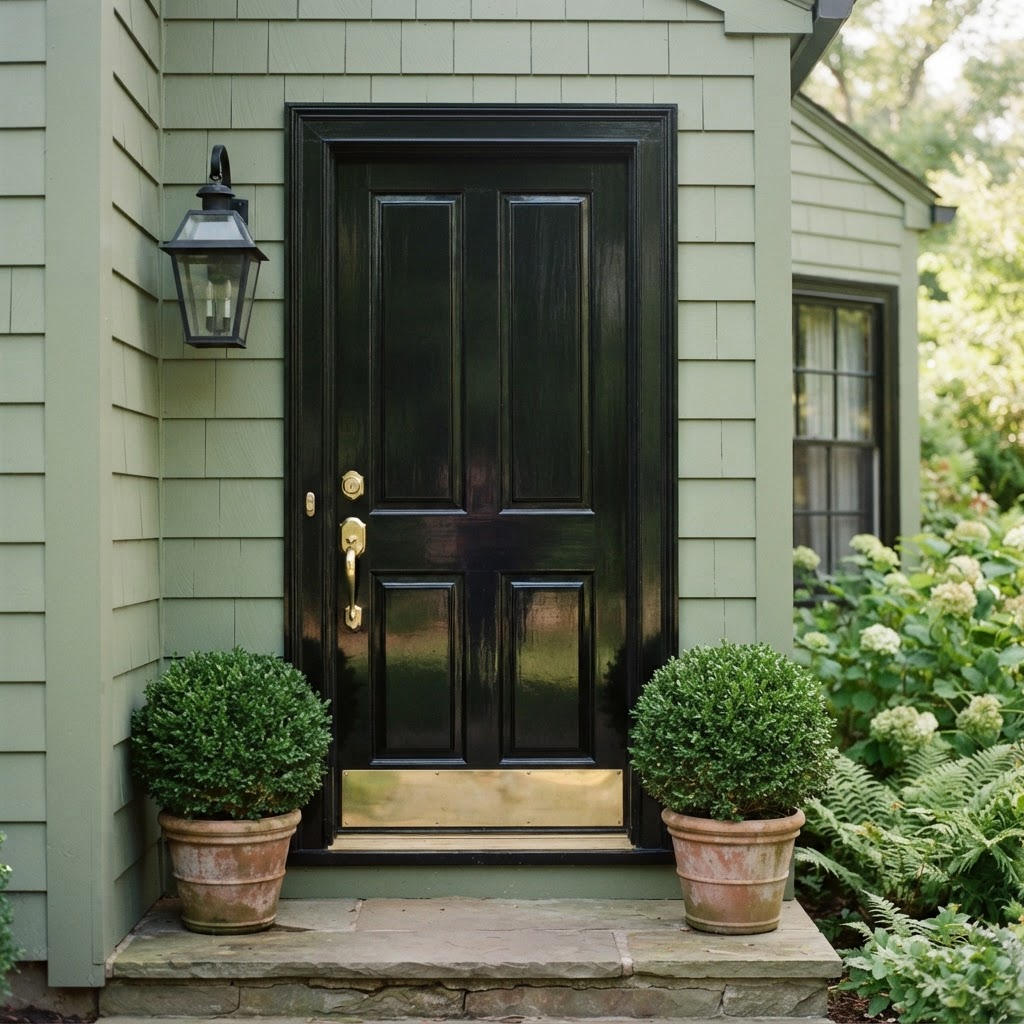 Glossy black front door on a sage green shingled house with black door trim, brass hardware, a black wall lantern and two boxwood balls in terracotta pots