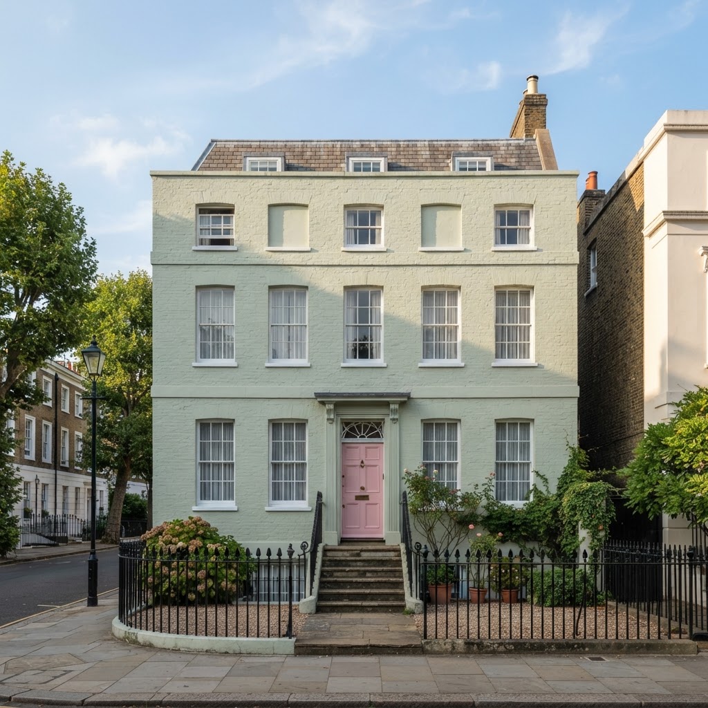 Pale green Georgian-style townhouse with white sash windows, black railings and a pink front door