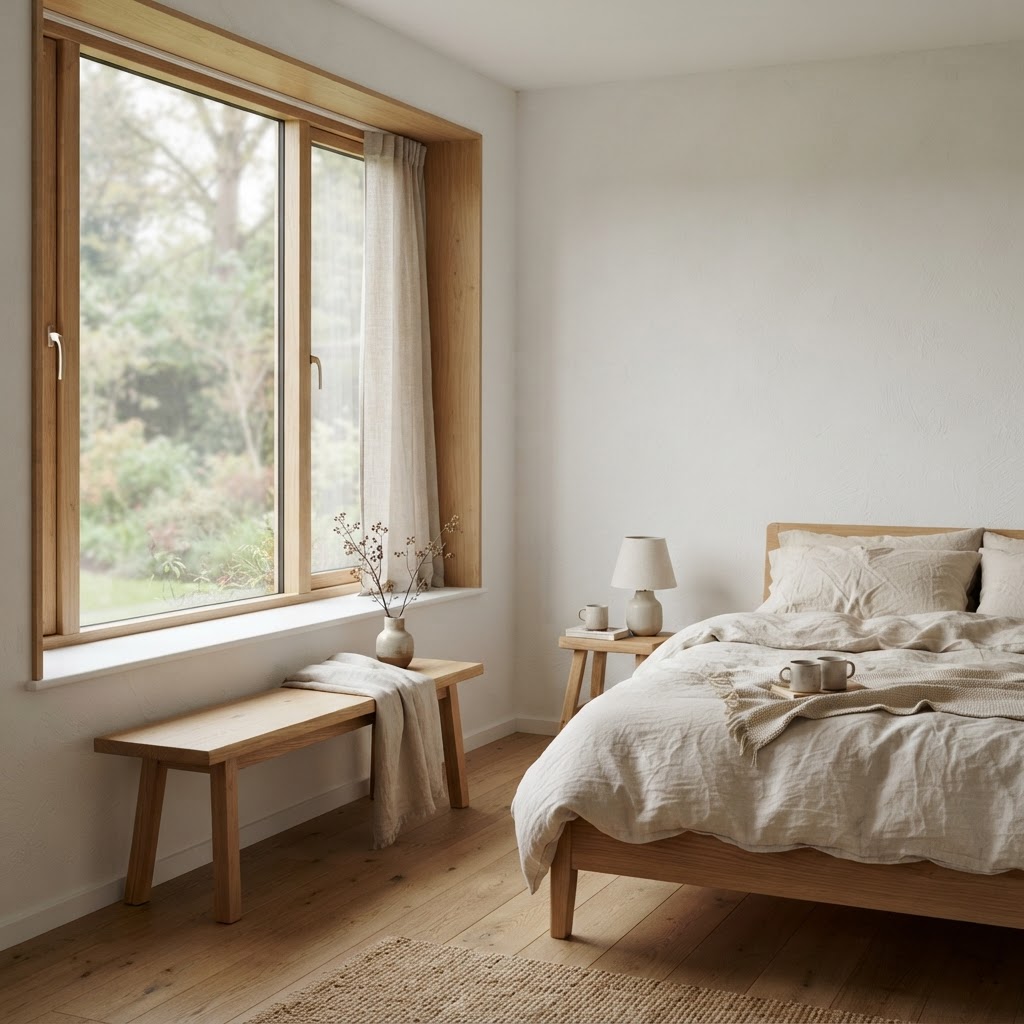 Natural light oak window trim in a calm Japandi bedroom