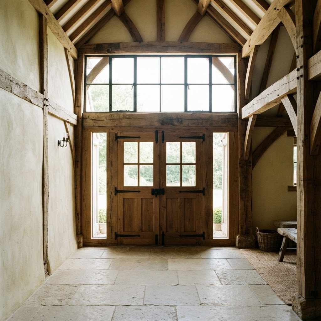 Transom windows above wooden double doors in a converted barn