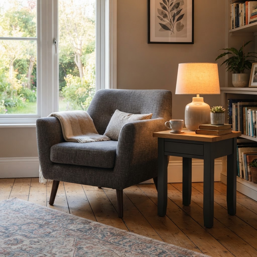 Small side table painted soft charcoal with a natural wood top beside a grey armchair and lamp