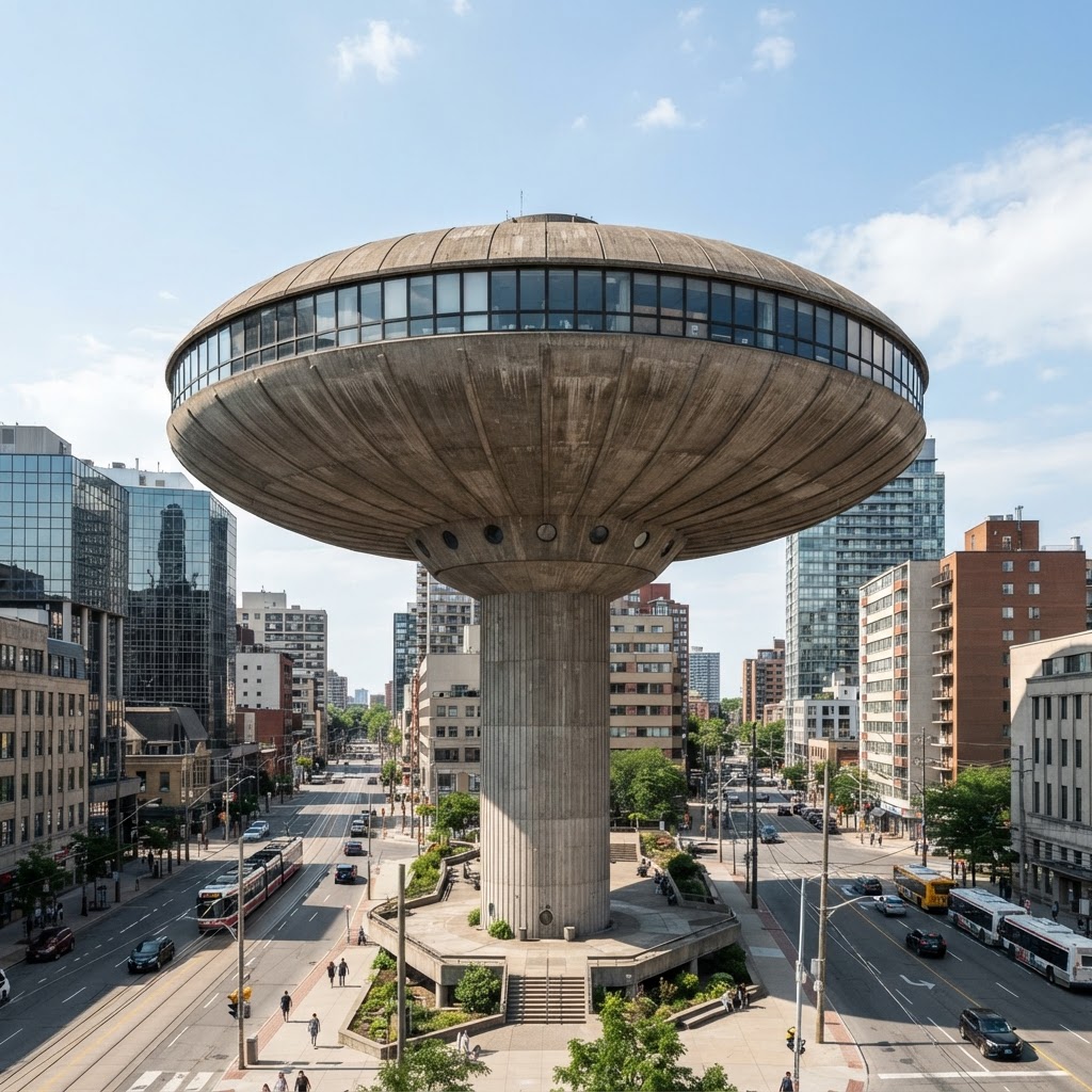 Circular saucer-shaped concrete building raised on a central stem above a city street