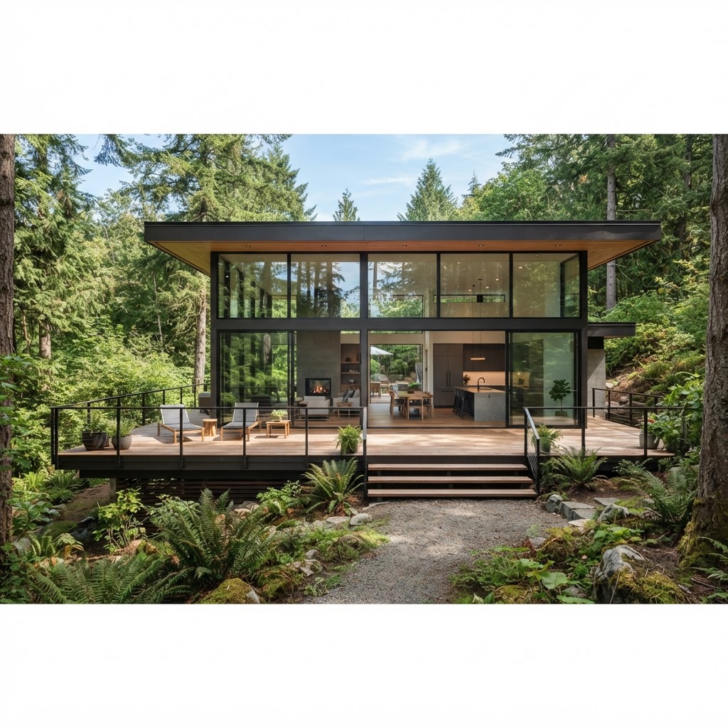 Modernist house with glass walls, a flat roof and a timber deck among trees