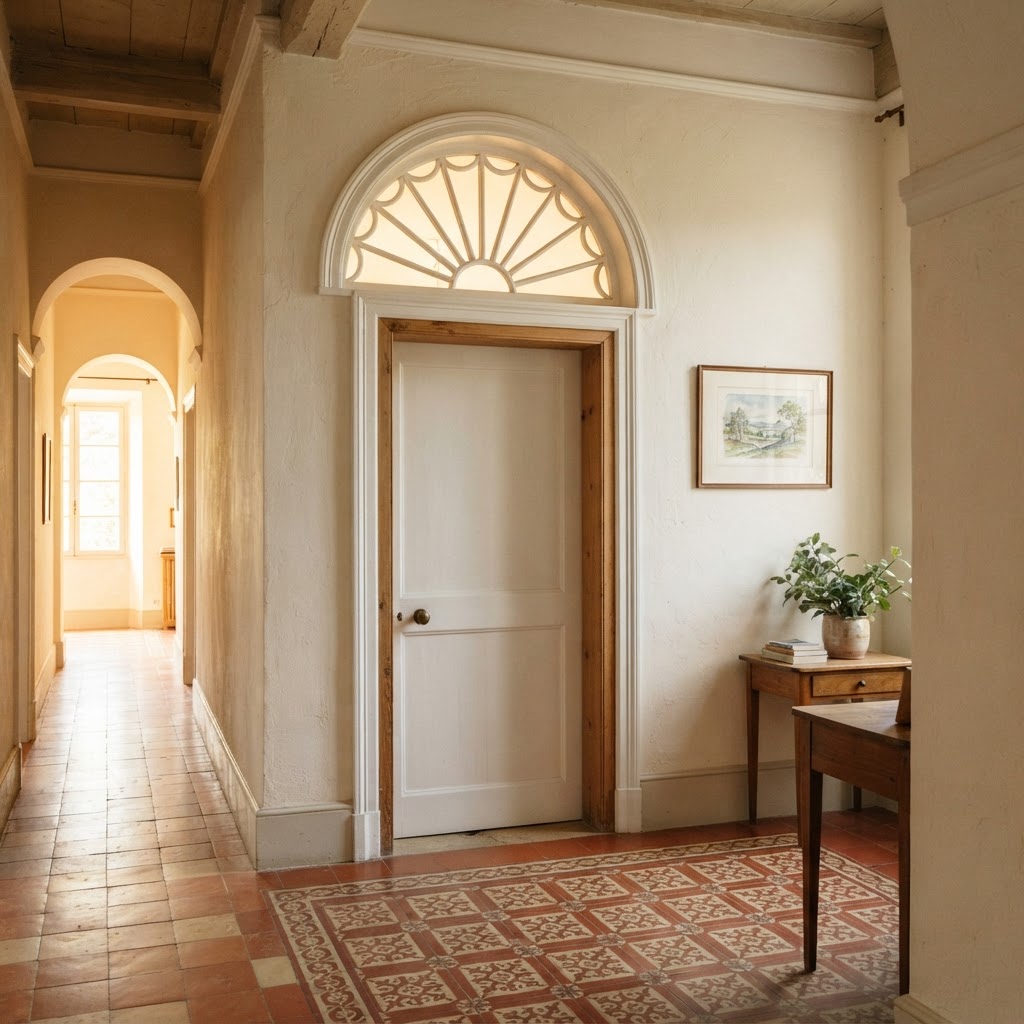Half-round sunburst window above a door in a warm hallway