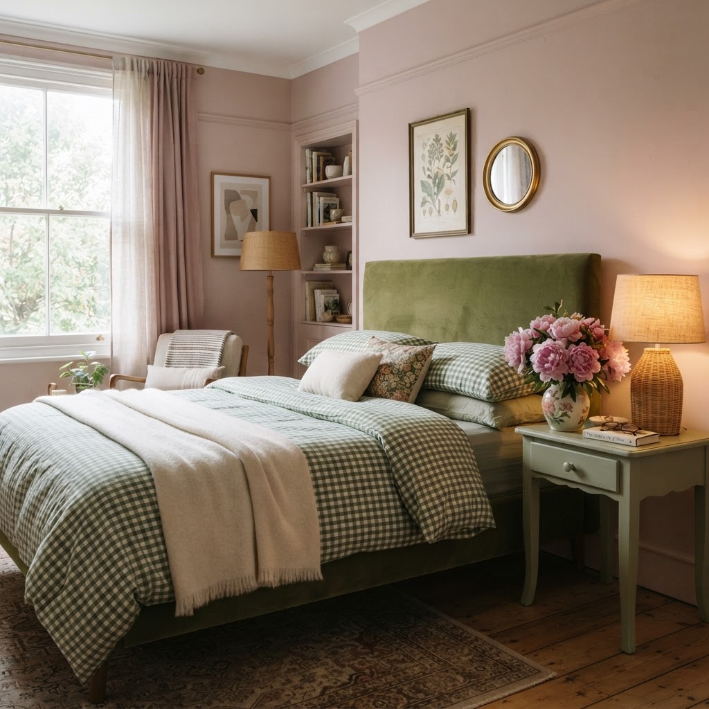 Bedroom with soft dusty pink walls, an olive green velvet headboard, green and white gingham bedding, a painted green bedside table, a rattan lamp and pink peonies