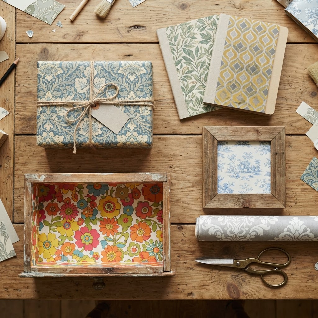 Flat lay of wallpaper offcut projects on a rustic wooden table: a gift wrapped in blue floral wallpaper with twine and a tag, two notebooks covered in wallpaper, a framed square of blue toile, a drawer lined with retro floral paper, a roll of grey damask wallpaper and scissors