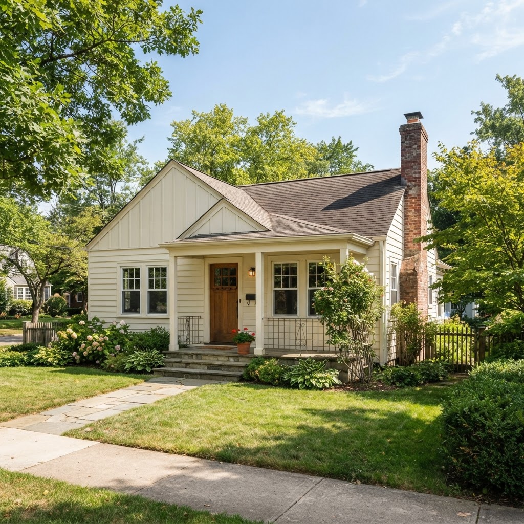 Minimal Traditional style 1940s house with a low gable roof, small porch and brick chimney