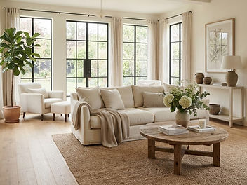 Bright living room painted in a soft warm white with a white oak floor, a cream linen sofa, a jute rug and a vase of white flowers, with daylight from tall windows