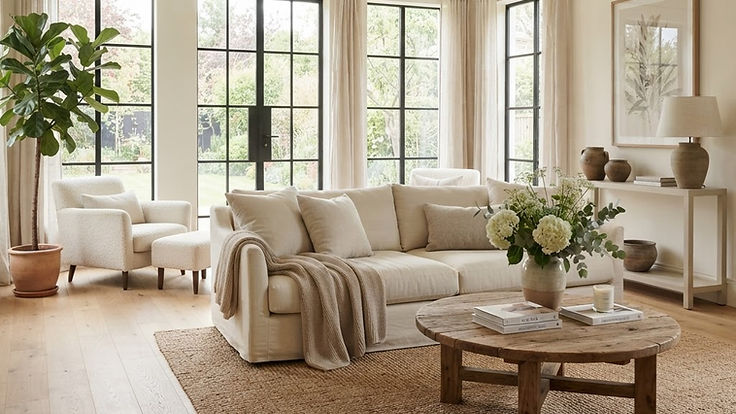 Bright living room painted in a soft warm white with a white oak floor, a cream linen sofa, a jute rug and a vase of white flowers, with daylight from tall windows