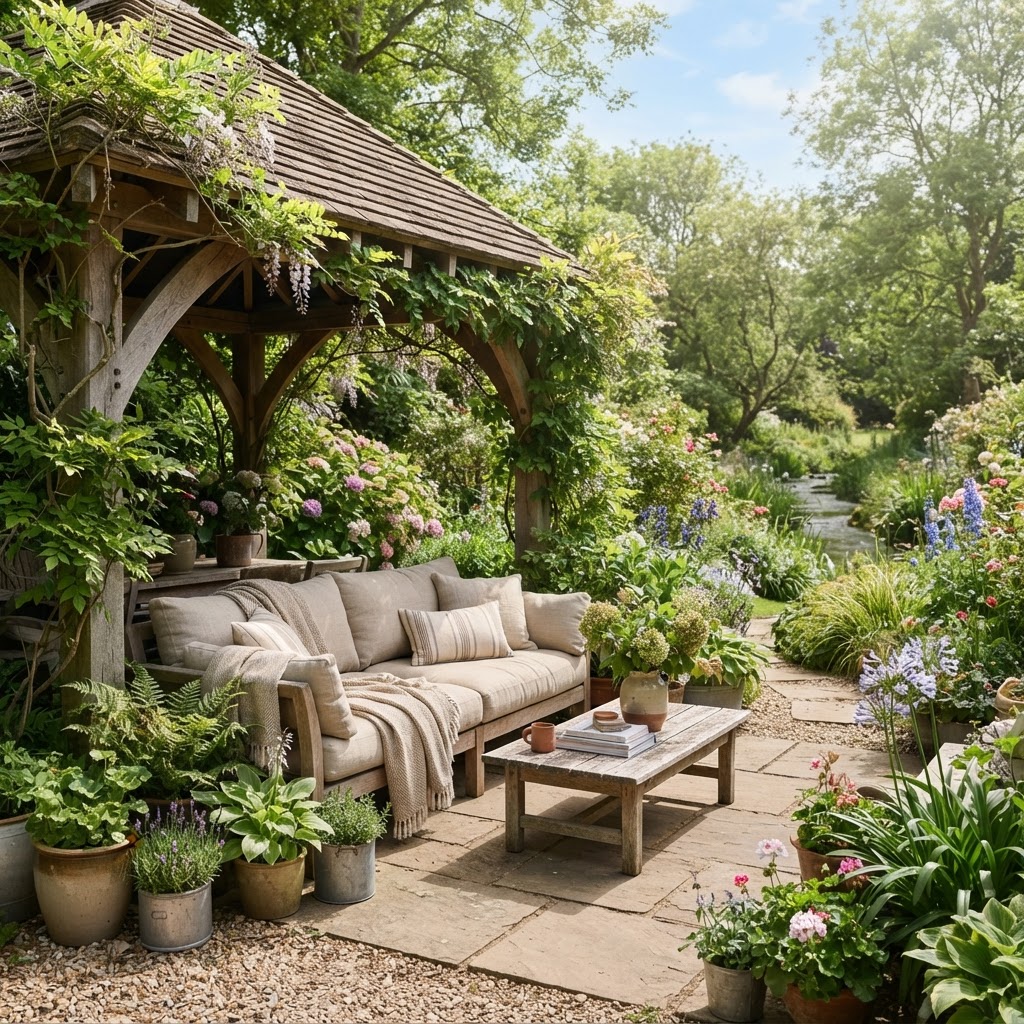 Timber garden pagoda sheltering an outdoor sofa with cushions and a coffee table