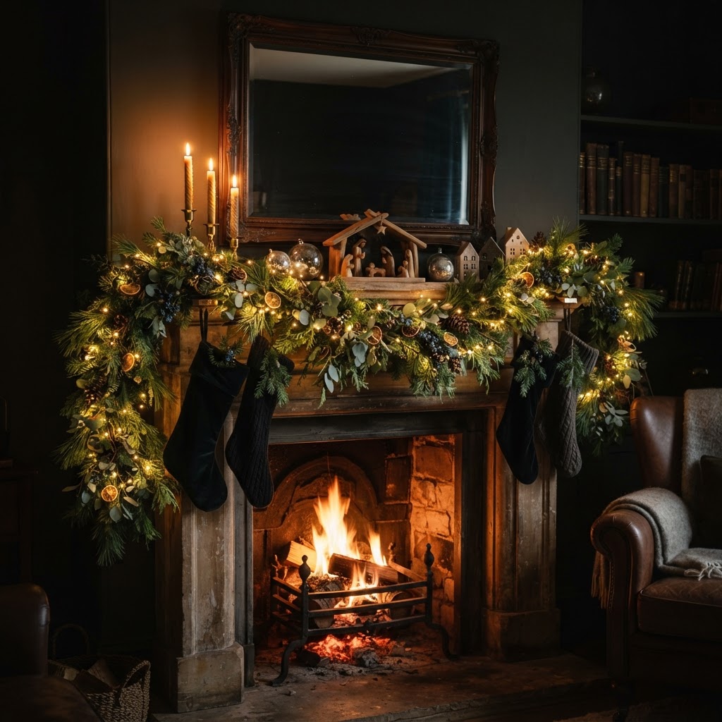 Christmas mantel at night with warm white fairy lights woven through a lush pine garland, glowing in a dark cosy living room