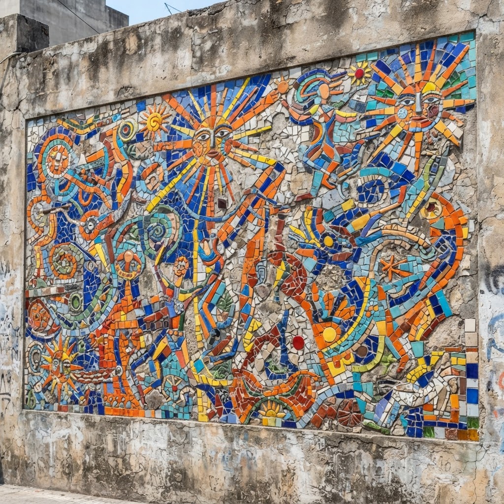 Colourful mosaic mural of abstract figures and suns set into a weathered concrete wall