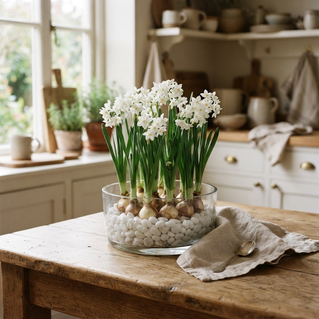 Paperwhite narcissus growing in a clear glass bowl filled with white pebbles on a kitchen table with a linen napkin