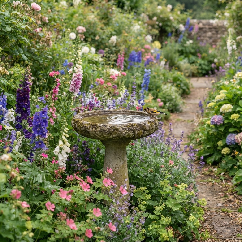 Stone bird bath among flowering perennials in a cottage garden border