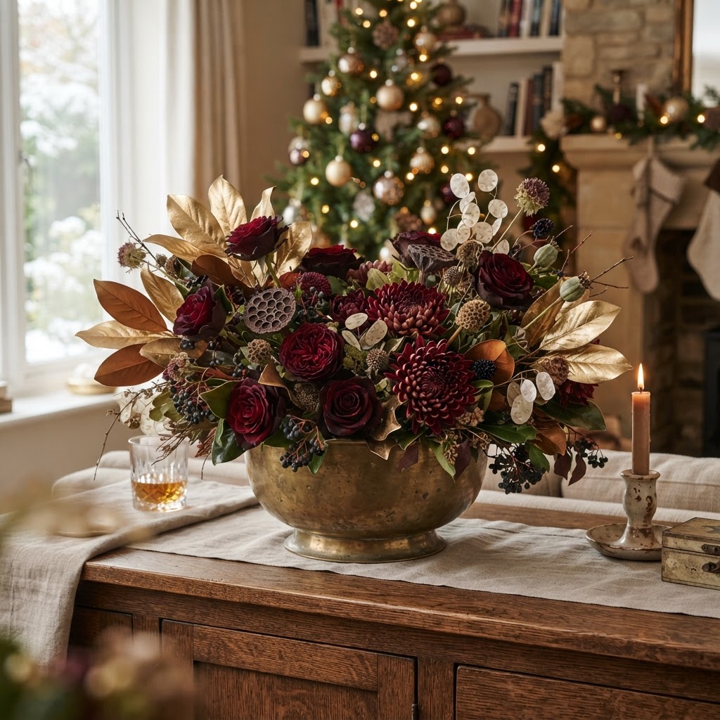 Burgundy and gold Christmas arrangement of dark burgundy roses, burgundy chrysanthemums, gold painted magnolia leaves and dried seed heads in a brass bowl