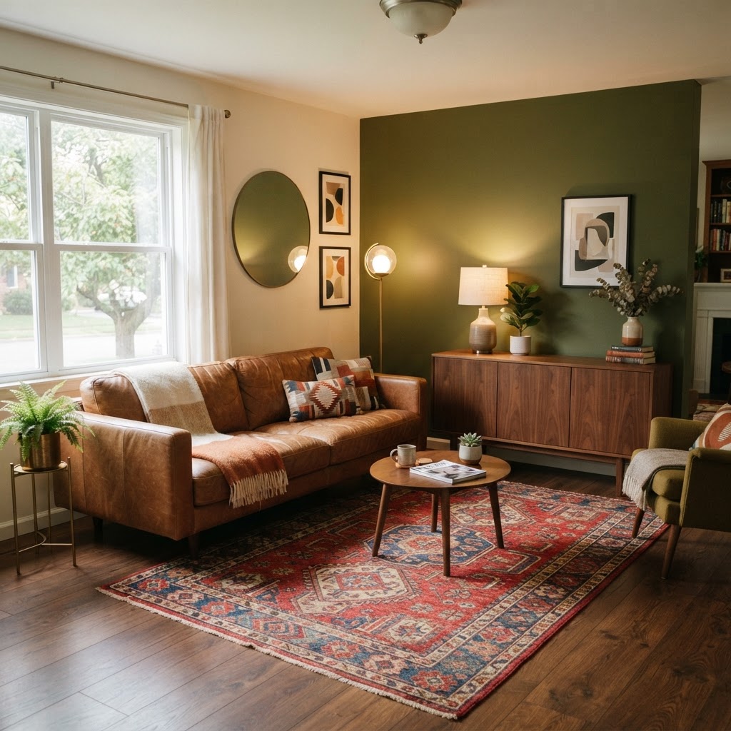 Mid-century living room with a cognac leather sofa, an olive green painted wall, a walnut sideboard, a globe floor lamp and a red patterned rug