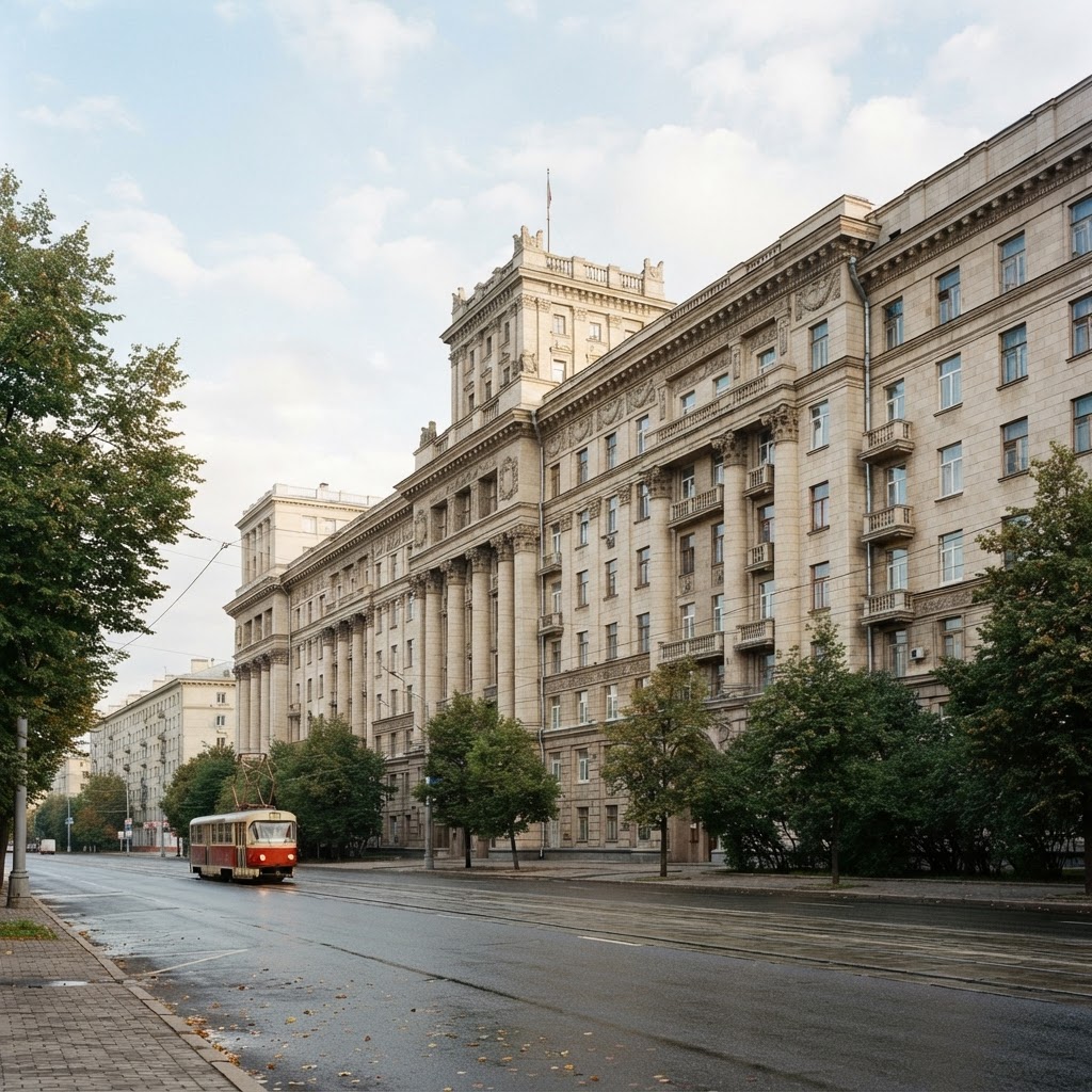 Grand classical-style apartment block with columns and stone decoration in Eastern Europe